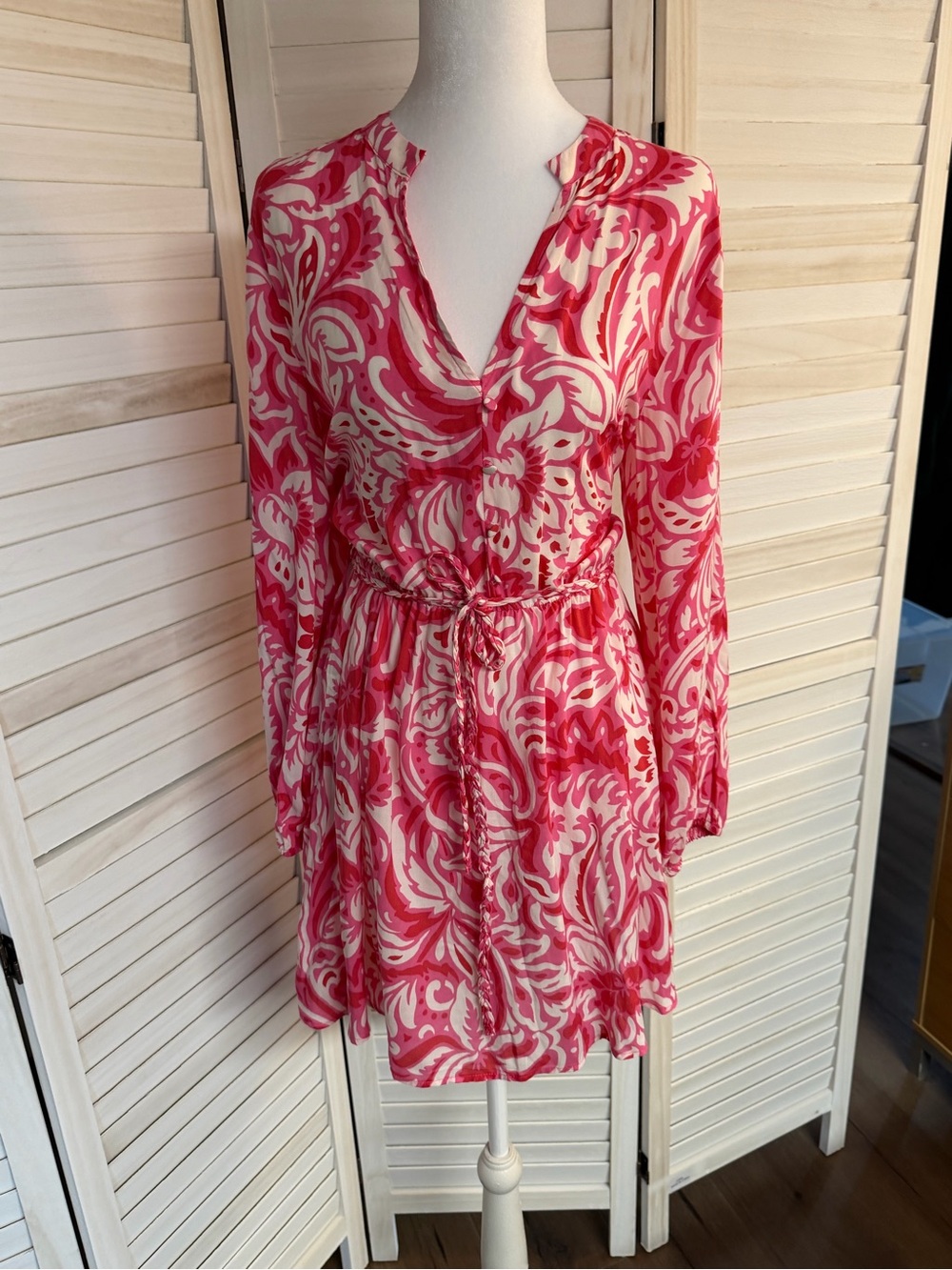 Zara Pink & White Printed Long-Sleeve Mini Dress Sz M NWT - Picture 2 of 5